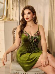 MuseNap CURVE 大码女士天鹅绒V领刺绣吊带睡裙 - 綠色 - 查看 6