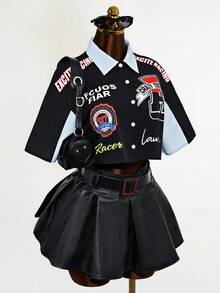 Mistrie 女士休闲时尚街头通勤字母印花撞色落肩宽松短款衬衫，夏季 - 彩色 - 查看 4