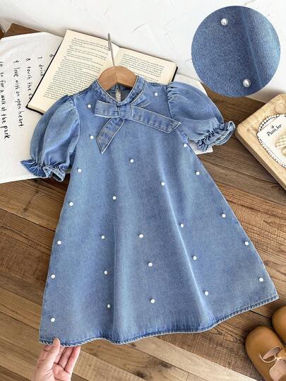 LMoss Kids Vestido corto de niña con cuello de volantes con lazo 3D, mangas abullonadas y decoración de perlas blancas sobre denim azul