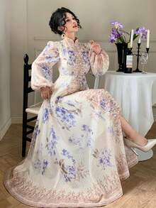 DAZY 女士立领印花连衣裙，优雅宫廷风吊带裙 - 彩色 - 查看 6