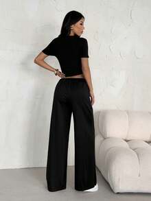 SHEIN PETITE Summer Black Tight Fit Short Sleeve T-Shirt And Loose Sweatpants 2 Pieces Set - Black - View 2