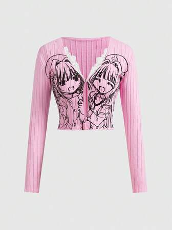Pull pour femmes avec imprimé mignon et doux de fille d'anime rose et dentelle contrastante