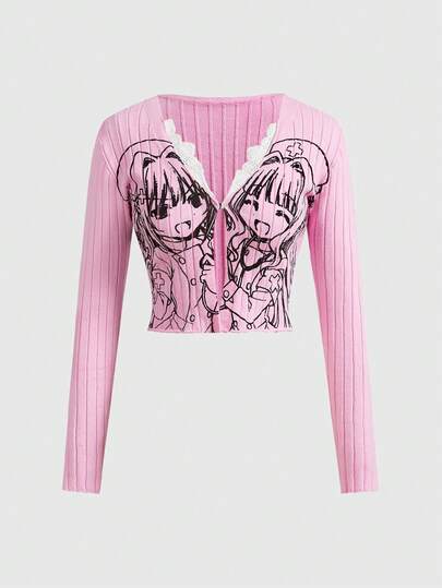 Kawaii Cute Sweet Pink Anime Girl Print Contrast Lace Women Sweater