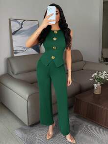 Vavine 优雅商务休闲女装套装，金属纽扣装饰无袖弹力修身性感吊带背心和裤子黑色两件套 - 綠色 - 查看 7