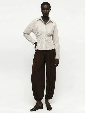 ATUI Studio Chemise à manches longues pour femmes avec imprimé rayé et boutons devant