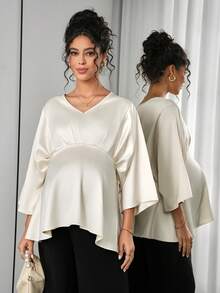 Momance Camisa elegante de maternidad de unicolor con mangas de murciélago y cintura alta para ir al trabajo - Albaricoque - Ver 3