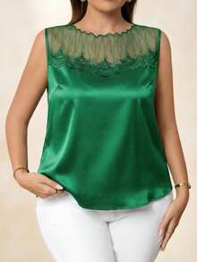 Chikora Plus Size Fashionable Elegant Mesh Patchwork Sleeveless Tank Top, Going Out Tops - Green - View 3