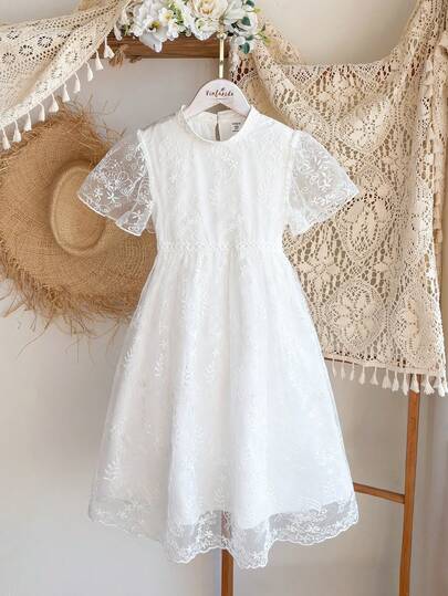 Vintaside Kids 女童优雅短袖网纱公主裙，适合春夏季参加宴会、派对或度假旅行。