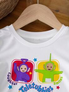 Teletubbies X SHEIN Baby Girl Casual Everyday Commute Cute Cartoon Letter Print Short Sleeve White T-Shirt - White - View 3