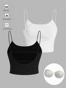 SHEIN 2pcs/Set Teen Girls Casual Minimalist Cropped Racerback Camisole With Padding, Suitable For Summer