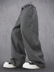 Manfinity Denimwave Men's Vertical Striped Casual Loose Fit Jacquard Denim Pants - Medium Wash - View 3