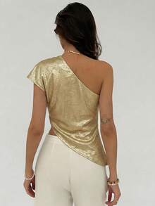 Aloruh Women's Fashionable Commuter Asymmetric Collar Metal Blouse, Summer - Gold - View 2