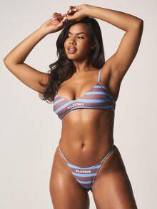 Missguided x Playboy 条纹三角比基尼套装，吊带上衣和系带泳裤，夏季沙滩两件式泳衣 - 彩色 - 查看 1