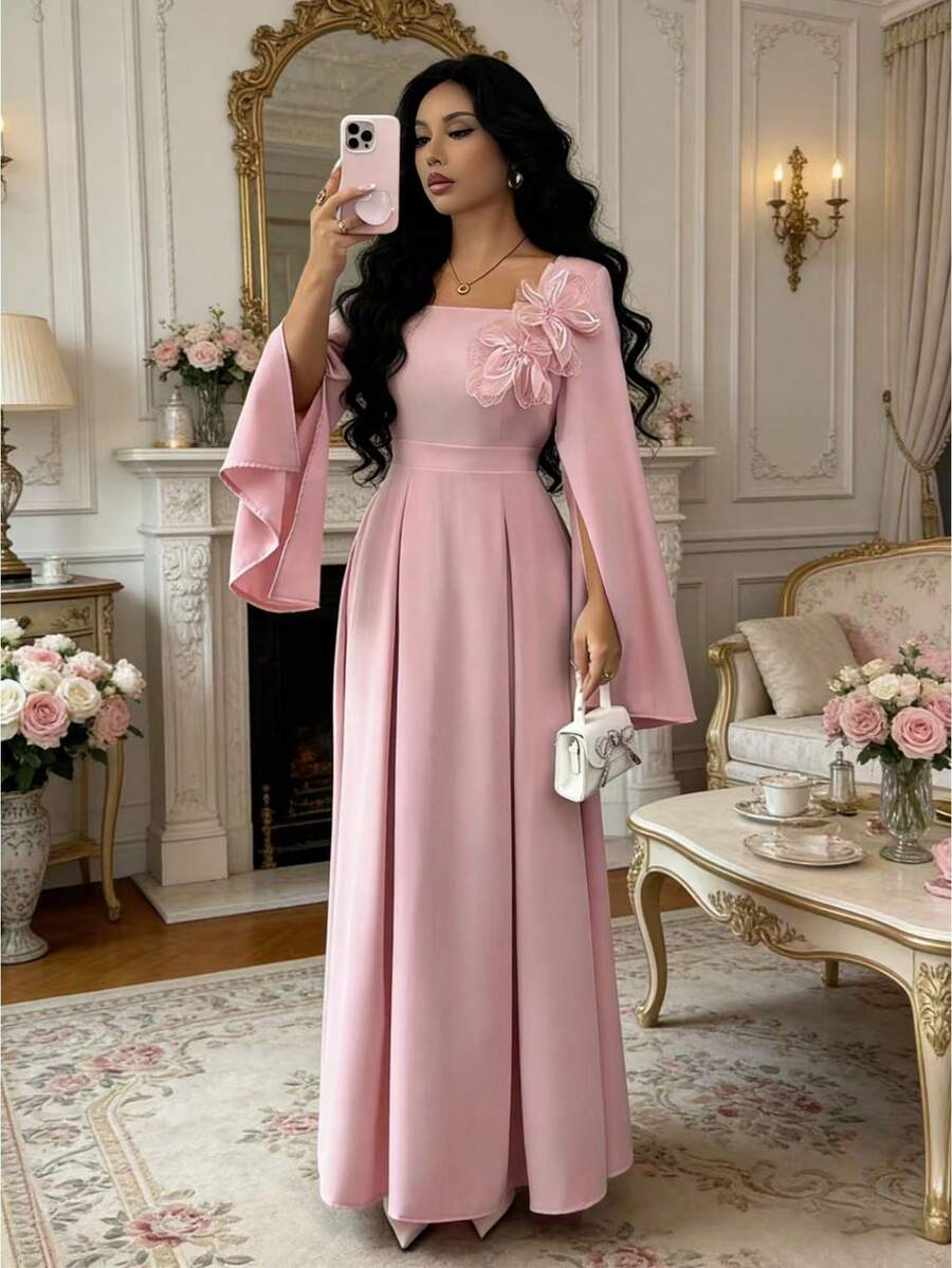 SHEIN Raffinéa 女士花卉装饰露肩连衣裙，方领，长喇叭袖，收腰A字裙摆，时尚中东风格，适合日常穿着 - 粉色 - 查看 1