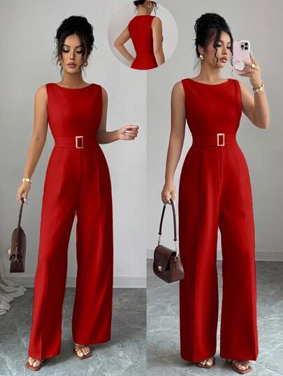 Rafferiza Petite Women's Elegant Red Sleeveless Jumpsuit Woven Fabric Extra Long Round Neck Plain Design With Zipper Detail Red Jumpsuit Women Women's Jumpsuit Flare Jumpsuit