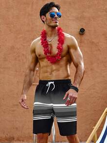 Manfinity Swimmode Plus Size Men's Summer Vacation Style Contrast Stripe Print Drawstring Waist Loose Beach Shorts - Black - View 5