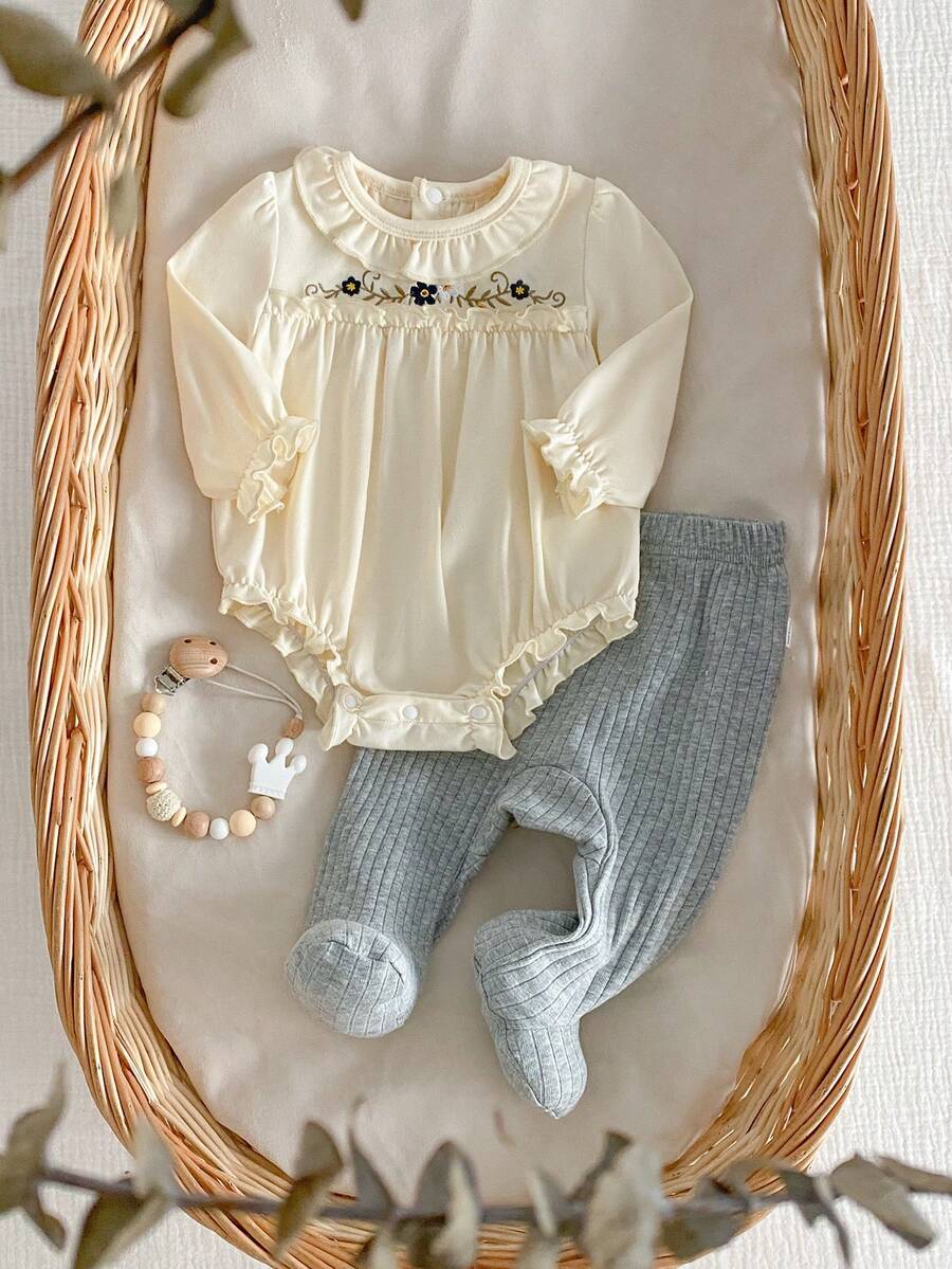 2件套新生女婴花卉刺绣荷叶边领口袖口长袖连体衣和灰色连脚裤套装，家居服 - 彩色 - 查看 1