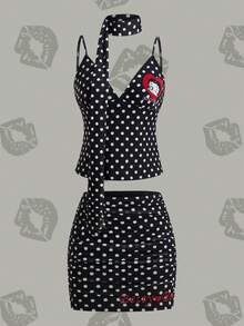 Betty Boop x SHEIN Women's Polka Dot & Cartoon Figure Graphic Camisole Top And Mini Skirt 2 Pieces Set - Black and White - View 11