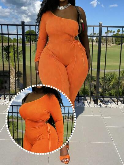 Slaydiva 2026 Spring/Summer New Arrival Fall Clothes For Women, Winter Clothes For Women, New Music Festival Halloween Costumes, Birthday Dresses For Women, Daily Wear, Basic Versatile, Casual, Vacation, Cruise Travel, Beach, Sunbathing, Viral Hits, Orange Sleeveless Long Sleeve Hollow Out Drawstring Ribbed Bodycon Street Style Jumpsuit