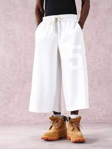 PAVTROS 男士街头风徽章印花抽绳腰休闲运动裤，宽松版型，适合户外穿着，是送给丈夫/男友的合适礼物 - 白色 - 查看 4