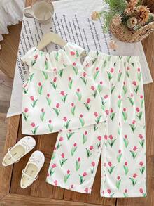 LMoss Kids LMoss   Young Girl Floral Print Ruffle Hem Top And Pants Cute Set - Multicolor - View 3