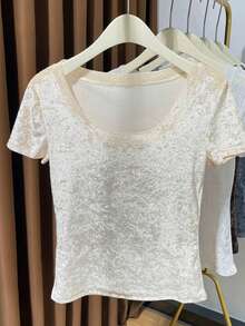 Franclia 女士休闲纯色短袖T恤，夏季 - 杏色 - 查看 4