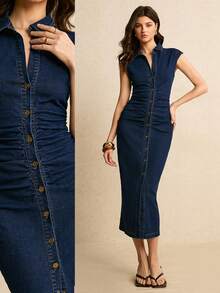 Poéselle Elegant Women's Denim Dress For Commuting/Office Use; Fitted, Waist-Cinching, Long Dress With A Front Opening; Dark Blue Denim Dress.  Summer Dress Spring  Valentine's Day Beach Dress Birthday Dress Elegant Dresses For Women Loose-Fitting Straight-Leg Pants, Green Trousers, Floral Appliqué Embroidery, Vacation Casual Trousers  Valentine