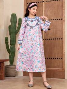 SHEIN جلابياتjalabiya Tween Girl Casual Floral Print Round Neck Long Sleeve Dress - Multicolor - View 4
