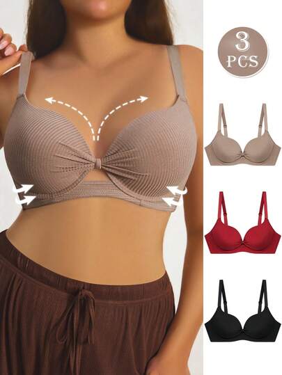 SHEIN 3件装女士加大码舒适休闲罗纹面料纯色肩带柔软蝴蝶结罩杯钢圈支撑内衣文胸