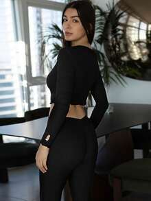 Andrea Bello Leisure Comfortable Rayon Solid Lettuce Thumb Hole Crop Top & Flare Leg Pants Women Lounge Set-Black Holiday Season Outfit  Cozy And Elegant Details, Fall Clothes - Black - View 4