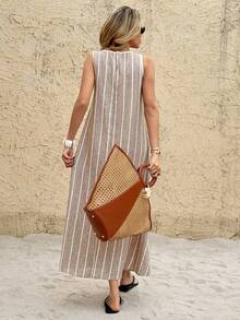 SHEIN Frenchy Vestido largo holgado sin mangas con estampado de rayas para mujer, casual de verano - Albaricoque - Ver 2