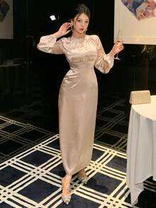 DAZY 女士优雅亮片拼接褶皱长连衣裙，春夏婚礼宾客礼服 - 粉色 - 查看 7