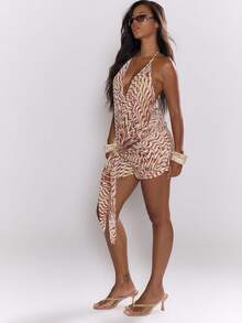 MUSERA 露背吊带深V领印花垂褶细节宽松迷你连衣裙，春夏生日度假优雅可爱性感波西米亚风伊比沙岛音乐节沙漠兰花婚礼宾客海滩假日派对 - 咖啡 - 查看 3