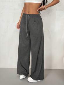 SHEIN PETITE Women's Casual Everyday Commute Versatile Drawstring Waist Loose Wide Leg Double-Sided Fleece Pants - Grey - View 5