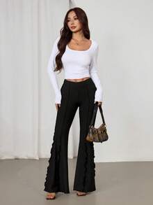 SHEIN PETITE Lettuce Trim Elastic Women's Flared Pants - Black - View 7