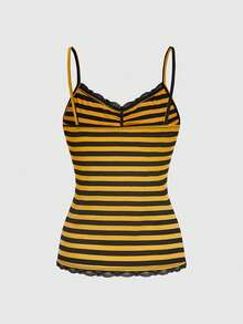 ROMWE Striped & Lace Patchwork Fitted Camisole - Yellow - View 2