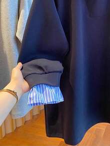 Resyla 女士休闲条纹拼接二合一卫衣，秋季款 - 藏蓝色 - 查看 3