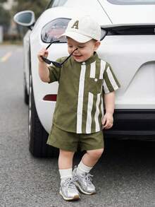 SHEIN Playful Pals 2件組嬰兒男寶寶夏季綠色與白色條紋套裝，休閒立領短袖襯衫與短褲，幼兒男童城市度假穿搭 - 綠色 - 查看 8