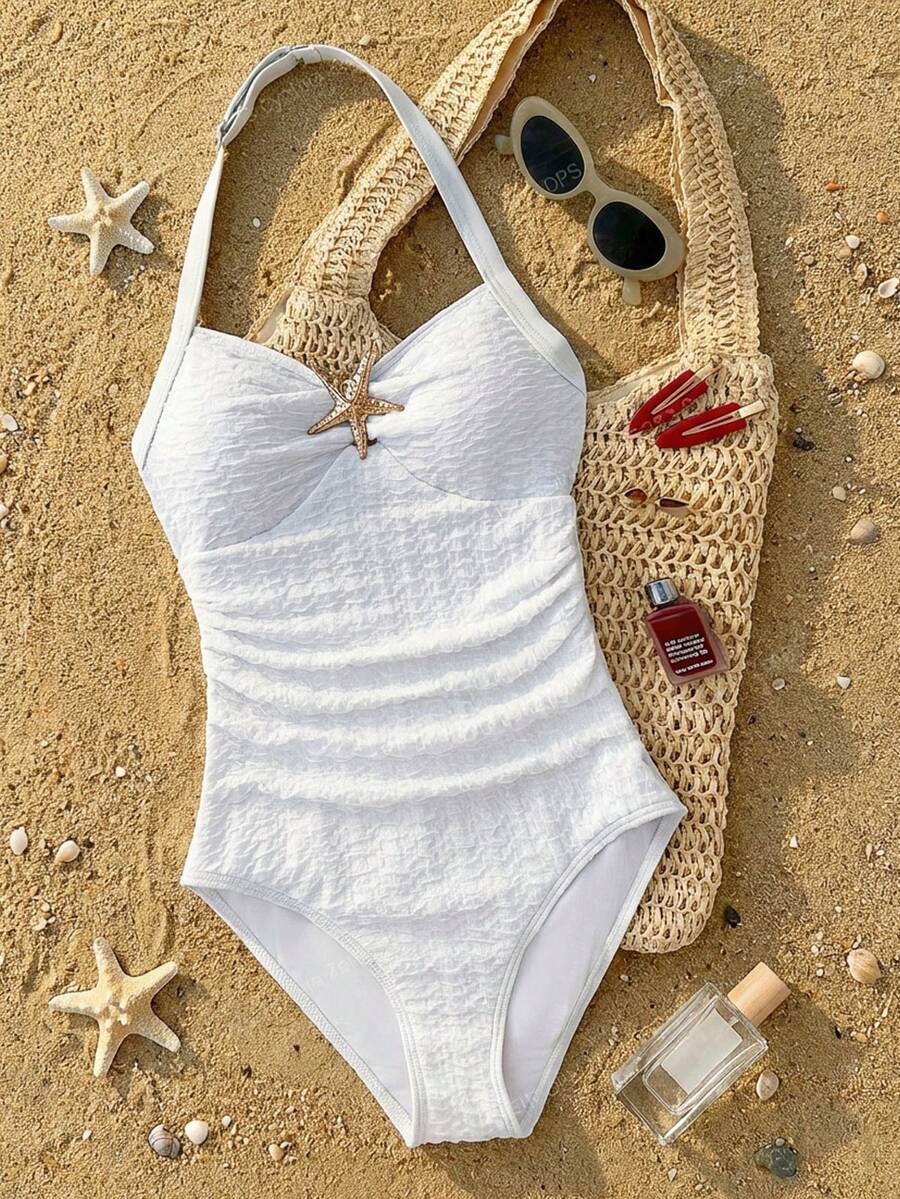 Teen Girls Vacation Halter V-Neck Metal Starfish & Shell Tassel Trim Textured Knit Bodysuit One-Piece Swimsuit