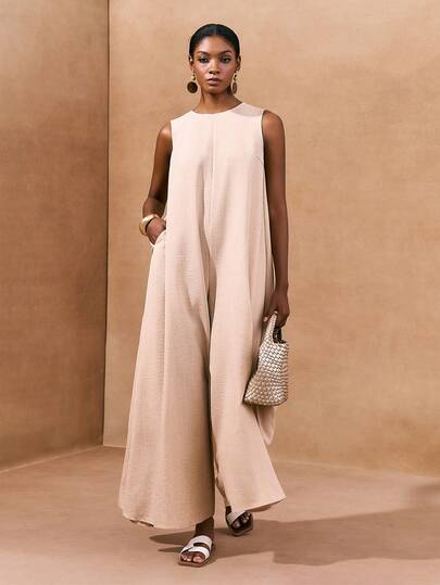 Zivah 2026 Spring/Summer New Arrival, Suitable For Valentine's Day, Wedding Season, Music Festivals, Easter, Western, Nomadic, Boho, Nashville, Parties, Weddings, Galas, Dates, Gatherings, Birthdays, Collegiate, Elegant, Commute, Business Casual Sleeveless Jumpsuit With Wide Legs, Real Pockets, Khaki Color