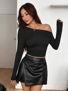 SHEIN PETITE Women's New Oblique Shoulder Ruched Long Sleeve Glitter Fitted Fashion T-Shirt Black Off Shoulder Top - Black - View 2