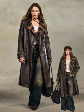 Grunge Punk Giacca in pelle lunga vintage con effetto vissuto, in patchwork a quadri, adatta per l'autunno/inverno