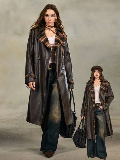 Grunge Punk Vintage Distressed PU Patchwork Plaid Long Leather Jacket, Suitable For Autumn/Winter