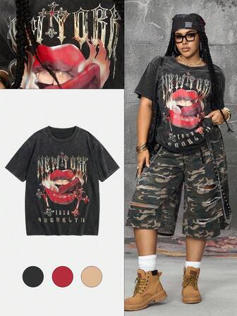 Street Life Maglietta oversize stile punk di strada con stampa di labbra e effetto consumato