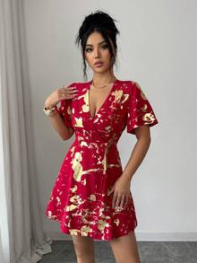 Rafferiza Elegant Elastic Waist Cinched Waist Apricot & Gold Crossover Button Front Ruffle Hem Butterfly Sleeve Front Slit Hem Cropped Dress For Women - Red - View 5