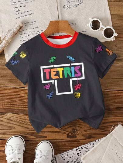 Tetris™ X SHEIN 男童字母图案撞色滚边圆领短袖T恤
