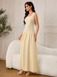 Modelyn Bộ váy và áo khoác dài tay màu trơn đính ngọc trai giả dành cho nữ, kiểu dáng xếp ly, thời trang cho kỳ nghỉ và du lịch. - Vàng nhạt - Xem 6