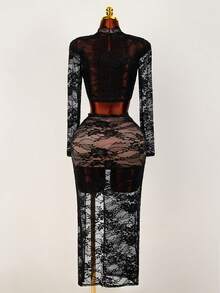 BamGleam Valentines Sexy Women'S Lace See-Through Twisted Bell SleeveTop & High Slit Skirt, 2pcs/Set - Black - View 3