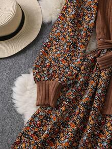 SHEIN Tall CURVE Sukienka damska plus size z kwiatowym patchworkiem i okrągłym dekoltem, z długim rękawem i swobodną konstrukcją - Wielokolorowe - Zobacz 7