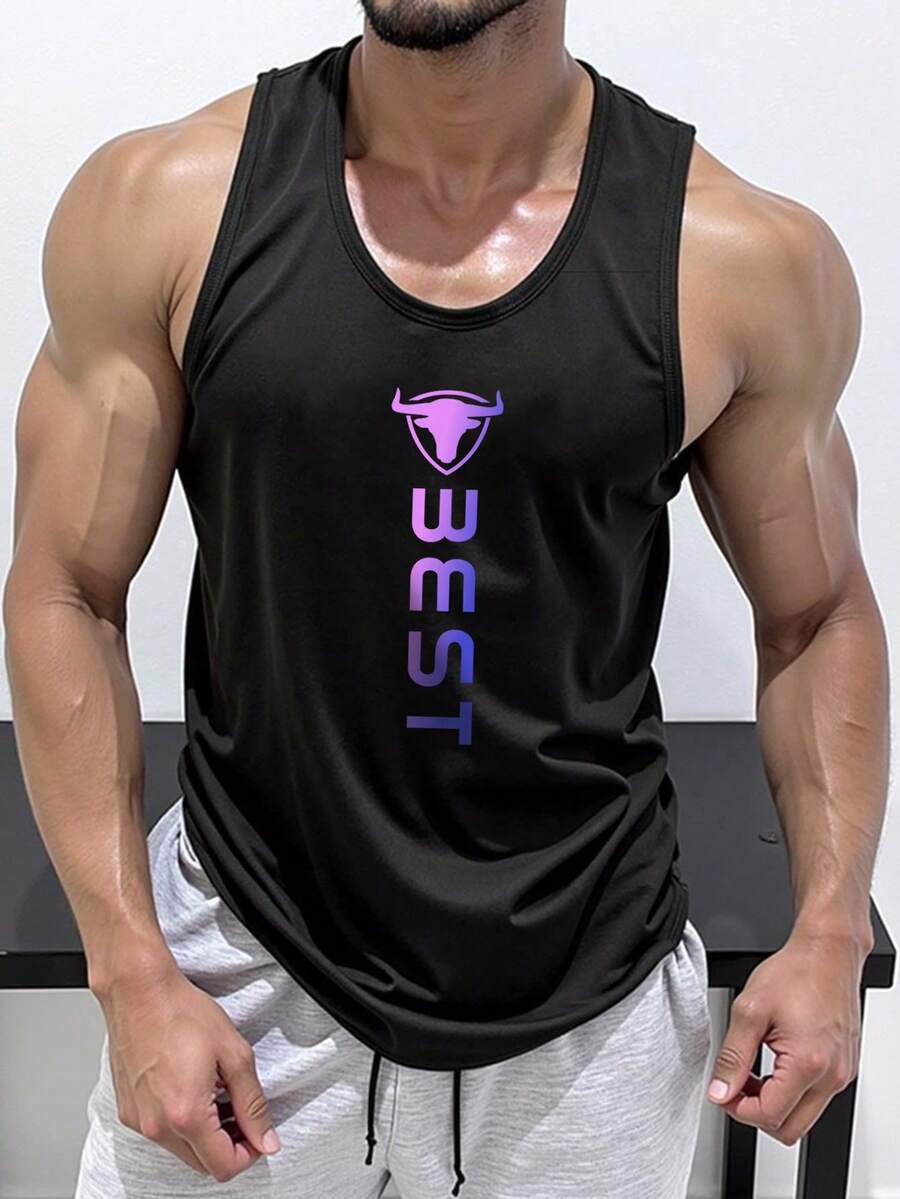 GymBeat 男士字母印花休闲健身运动背心 无袖运动衫 男士健身背心 肌肉背心 运动背心 压缩衣 - 黑色 - 查看 1